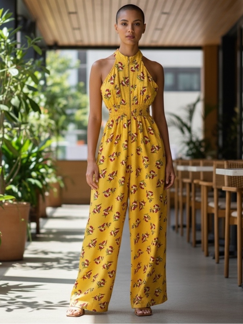 Jill Stuart Louise Sleeveless Yellow Floral Halter Jumpsuit Yellow Size 4